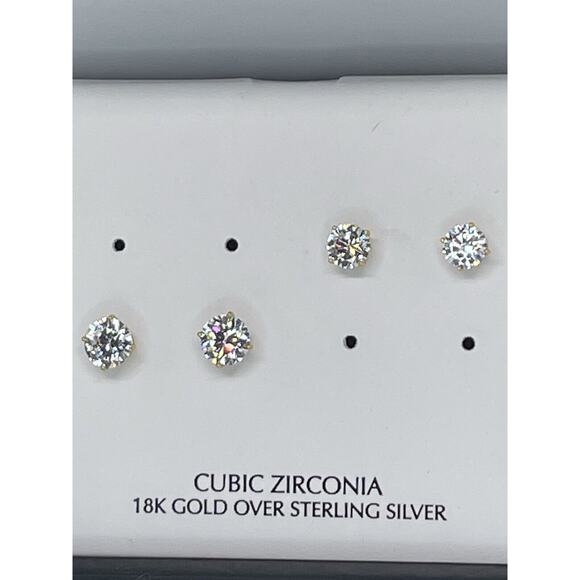 18K Gold Vermeil Earrings (2 Piece Set) CZ Stud Style Women's Trendy Fashion NWT - Picture 2 of 10